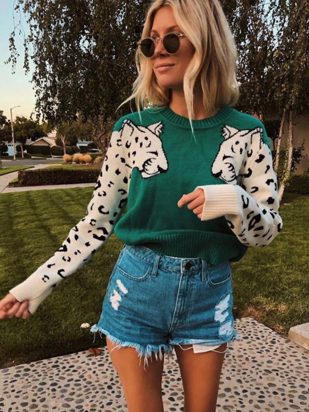 MINKPINK Green Leopard-Print Crew Neck Sweater